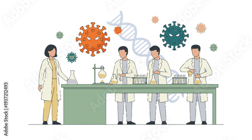 Scientists in laboratory researching viruses, DNA, and vaccine development