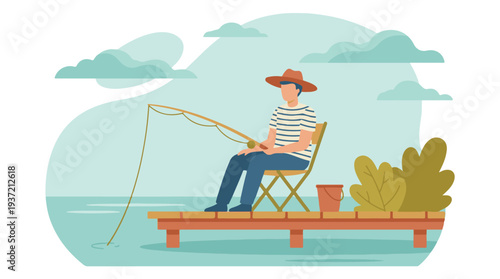 Illustration of a man fishing from a wooden pier in calm waters