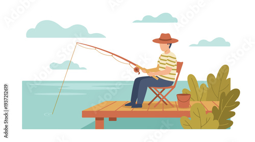 Man fishing on a wooden pier in calm water, relaxing outdoor hobby