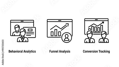 Business Analytics Icons: Behavioral, Funnel, and Conversion Tracking for Marketing Insights and Data Visualization