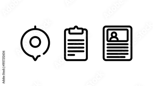 Location and Document Icons: Map Pin, Clipboard List, and ID Card for Navigation, Data Entry, and Personal Identification