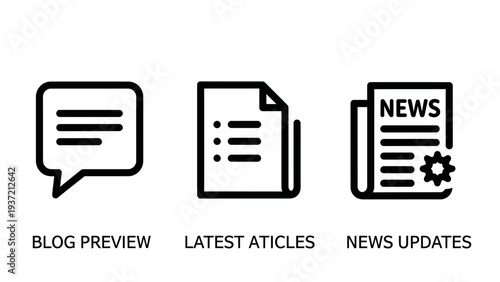 Communication Icons: Speech Bubble for Blog Preview, Document for Latest Articles, and Newspaper for News Updates