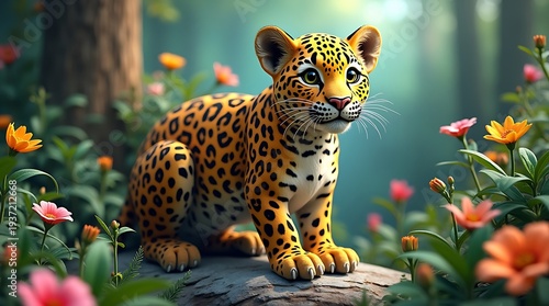 Fantasy Leopard Illustration with Vibrant Botanical and Wildlife Design
