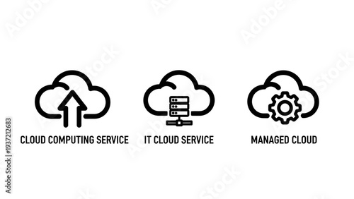 Cloud Computing Icons: Upload Service, Server IT Service, and Managed Cloud Gear for Digital Infrastructure and Technology Solutions
