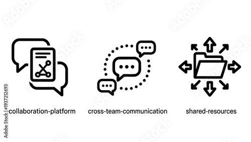 Team collaboration and communication icons: platform, cross-team chat, and shared resources for digital workspace efficiency.