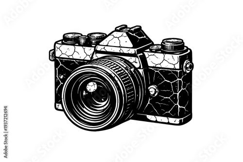 Vintage camera illustration with cracked texture and detailed lens design