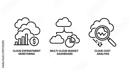 Cloud computing icons: cost monitoring, multi-cloud budget dashboard, and cloud cost analysis for IT finance management.