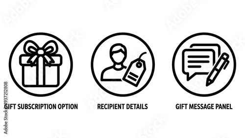 Set of icons for gift subscription, recipient details, and gift message panel, suitable for e-commerce and gifting.