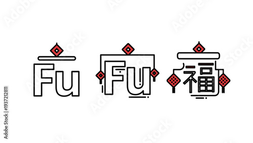 Set of stylized Fu characters for Chinese New Year and good fortune celebrations, vector icons.