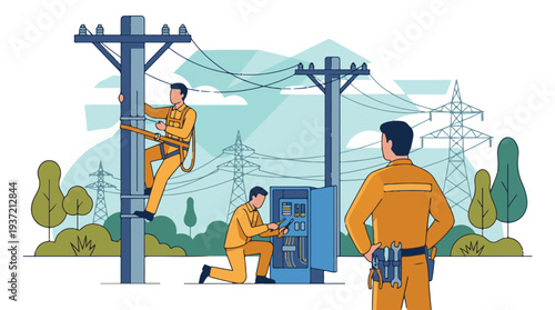 Electrical technicians maintaining power grid infrastructure and utility lines