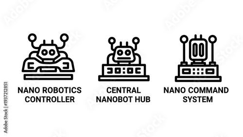 Nano Robotics Controller, Central Nanobot Hub, and Command System Icons for Futuristic Technology