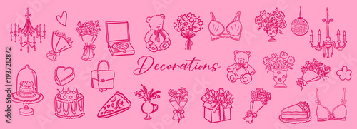 Valentine's Day Decorations in Sketch Style: A collection of decorative objects, perfectly arranged for the celebration of love. Ideal for design and more.