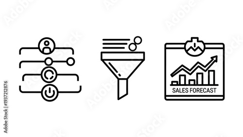 Sales Forecast, Conversion Funnel, and Business Process Analytics Icons for Marketing Strategy