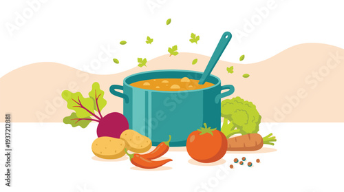 Cooking delicious vegetable soup with fresh organic ingredients illustration