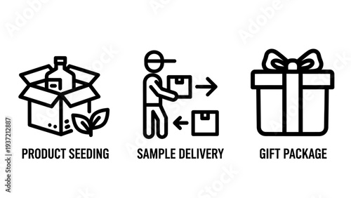 Product Seeding, Sample Delivery, and Gift Package Logistics Icons for E-commerce and Retail