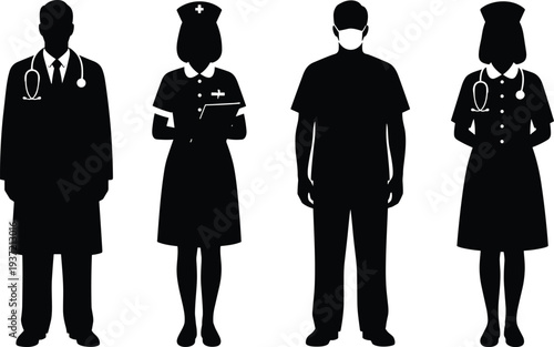 Black Silhouettes of Healthcare Professionals Including Doctor Nurse and Surgeon Wearing Medical Scrubs and Stethoscopes for Hospital and Clinical Designs