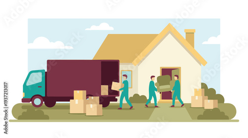 Professional movers loading furniture and boxes into a house with a truck