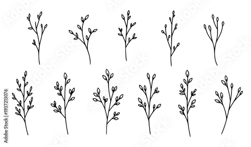 Minimalist black linear autumn twigs and branches vector set