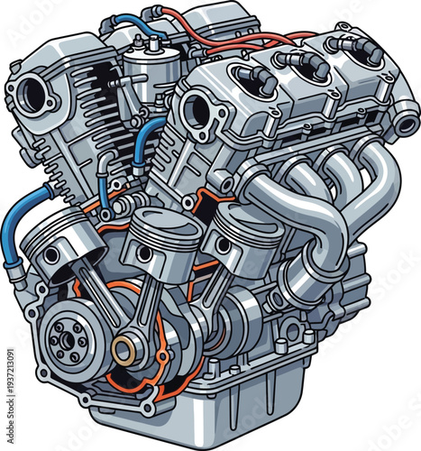 Detailed illustration of a powerful internal combustion engine.