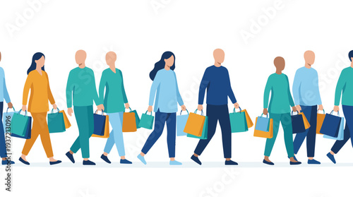 Diverse group of people walking with shopping bags, consumerism and retail concept