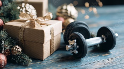 Bodybuilding or fitness equipment wrapped in festive ribbon on a holiday setting, with gold and white decorations
