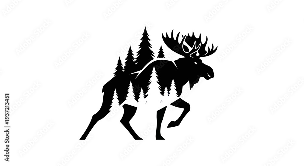 Obraz premium Moose silhouette with forest trees illustration