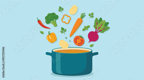 Fresh vegetables falling into cooking pot for healthy soup preparation
