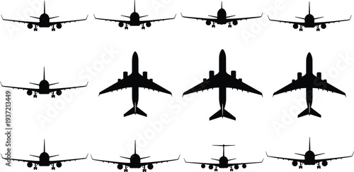Airplane silhouette vector collection featuring commercial jet planes in front view, top down perspectives, landing gear details, and civil aviation transport icons