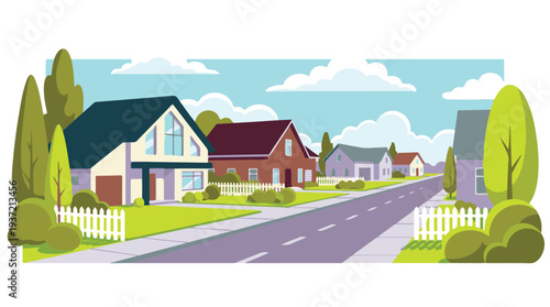 Vibrant cartoon illustration of a cozy suburban neighborhood street
