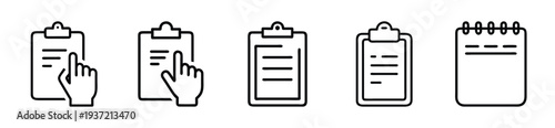 Clipboard icons with hand interacting and notebook for business organization