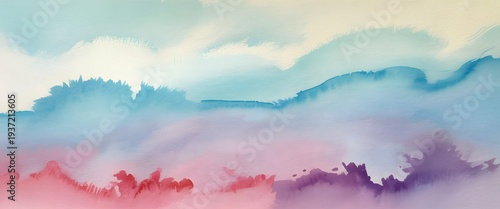 Vibrant abstract watercolor landscape with colorful sky and fog