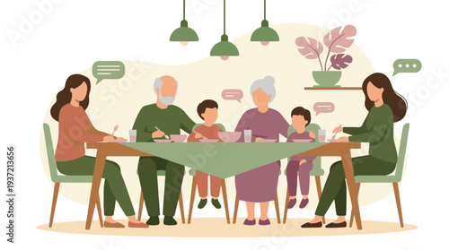 Happy multi-generational family enjoying dinner and conversation together