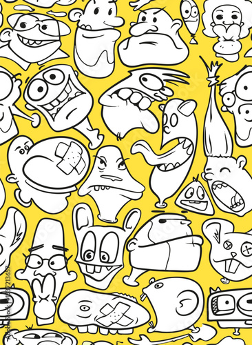Hand drawn cool faces seamless pattern on yellow background vector illustration