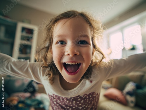 Joyful young girl laughing with arms spread wide, indoors.