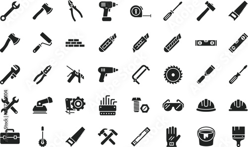 Hand tool vector icon set featuring wrenches, hammers, saws, drills, screwdrivers, and safety equipment for construction, home repair, DIY projects, and industrial maintenance