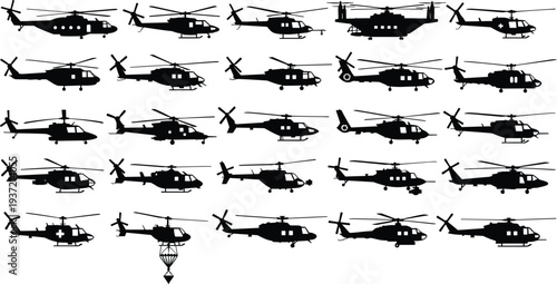 Helicopter silhouette vector icon set featuring various military, rescue, and civilian chopper models for aviation, transport, emergency service, and aerospace design projects