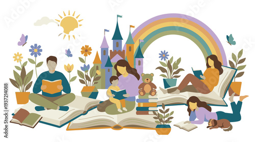 Family and children reading books in a whimsical, imaginative setting