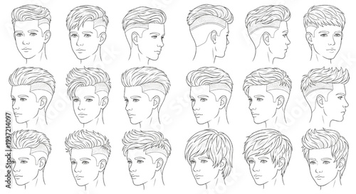 Boys Hairstyle Line Art Set, Short Medium Long Haircuts Black White Outline