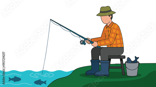 Cartoon illustration of a man fishing by a river with rod and caught fish