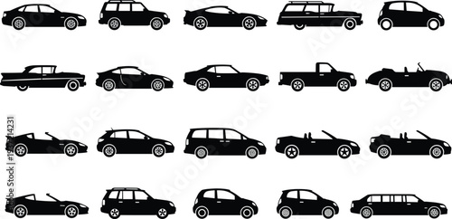 Large set of car silhouettes including sedan, SUV, coupe, sports car, vintage classic, pickup truck, hatchback, convertible, and limousine for automotive industry design projects