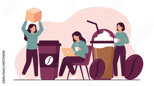 Women enjoying coffee in a modern lifestyle setting, working and relaxing