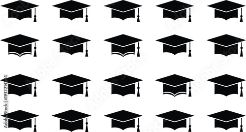 Large, collection, of, black, silhouettes, featuring, various, graduation, caps, with, tassels, isolated, on, white, background, flat, vector, illustration, academic, icons, set, design