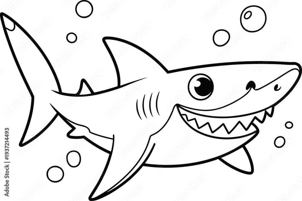 Fototapeta premium Cute cartoon shark swimming underwater with bubbles kids coloring page marine animal line art illustration design
