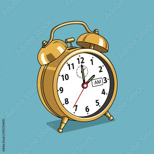 Golden retro alarm clock with bells and clear dial, symbolizing morning wake-up and time management, isolated on blue background.