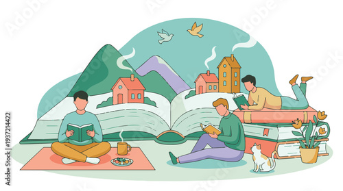 Men reading books in an imaginative landscape of homes and mountains
