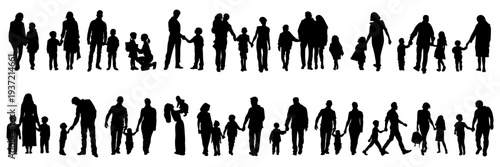 Big set of family silhouettes with parents and children walking standing and interacting