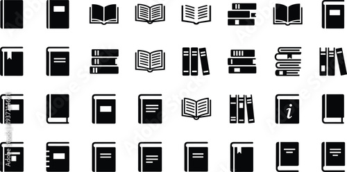 Vector collection of book icons and library silhouettes including open books, stacked textbooks, notebooks, and encyclopedia symbols for education and literature design elements