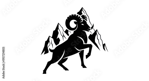 Ram silhouette with mountain peaks