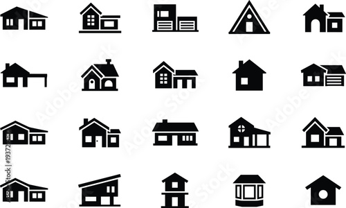 Vector collection of house icons and home silhouettes including modern architecture, suburban cottages, residential buildings, and real estate property symbols for web design