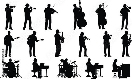Musician silhouettes playing instruments, jazz band vector set, musical performers outline, black and white illustration, ensemble collection